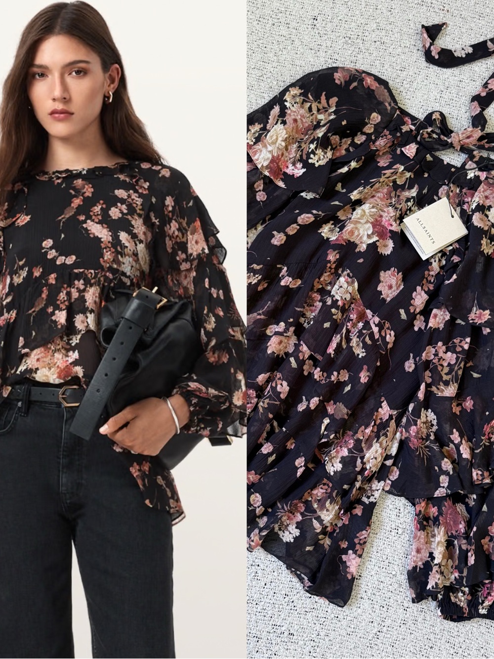 AllSaints Lissie Floral Ruffle Long-Sleeve Blouse Size US6